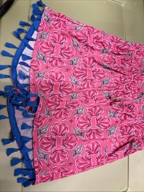 Simply Southern Pink Shell Print Tassel Shorts with Blue Trim